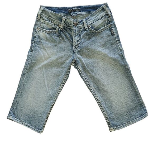 Silver Suki Bermuda Denim Jean Shorts Medium Wash Factory Fading Distressed 27 - Picture 13 of 14